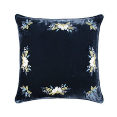 Stella Western Floral Embroidered Faux Silk Velvet Pillow, 22" x 22", Midnight Blue, 1PC