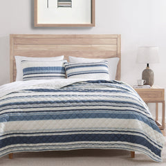 Mystic Stripe Cotton Gauze Quilt Set, Full/Queen, Navy, 3PC