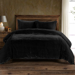 Stella Faux Silk Velvet Duvet Cover Set, Queen, Black, 3PC