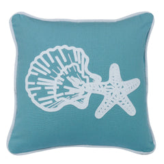 Aqua Linen Star & Shell Embroidered Pillow, 18" x 18", 1PC