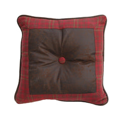 Cascade Lodge Red Plaid Square Faux Leather Throw Pillow, 18" x 18", 1PC