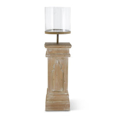 39.5" Whitewashed Wood Colum W/Glass Hurricane Cande holder