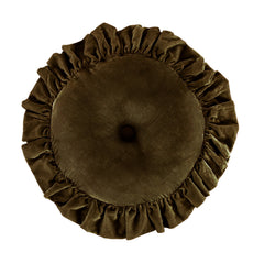 Stella Faux Silk Velvet Ruffled Round Pillow, 18", Green Ochre, 1PC