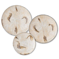 Set Of 3 Cream & Brown Enameled Metal Wall Tray Medallions