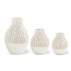 Set Of 3 White Ceramic Basket Weave Vases