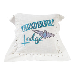Turquoise Embroidered "Thunderbird Lodge" Linen Pillow, 18" x 18", 1PC