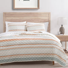 Mystic Stripe Cotton Gauze Quilt Set, King, Coral, 3PC