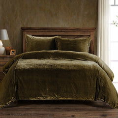 Stella Faux Silk Velvet Duvet Cover Set, Queen, Green Ochre, 3PC