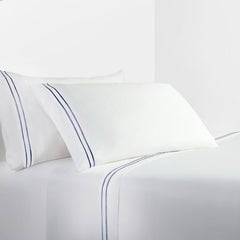 350TC Embroidered Stripe White Sheet Set, Queen, Navy, 4PC