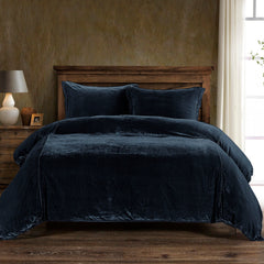 Stella Faux Silk Velvet Duvet Cover Set, Queen, Midnight Blue, 3PC