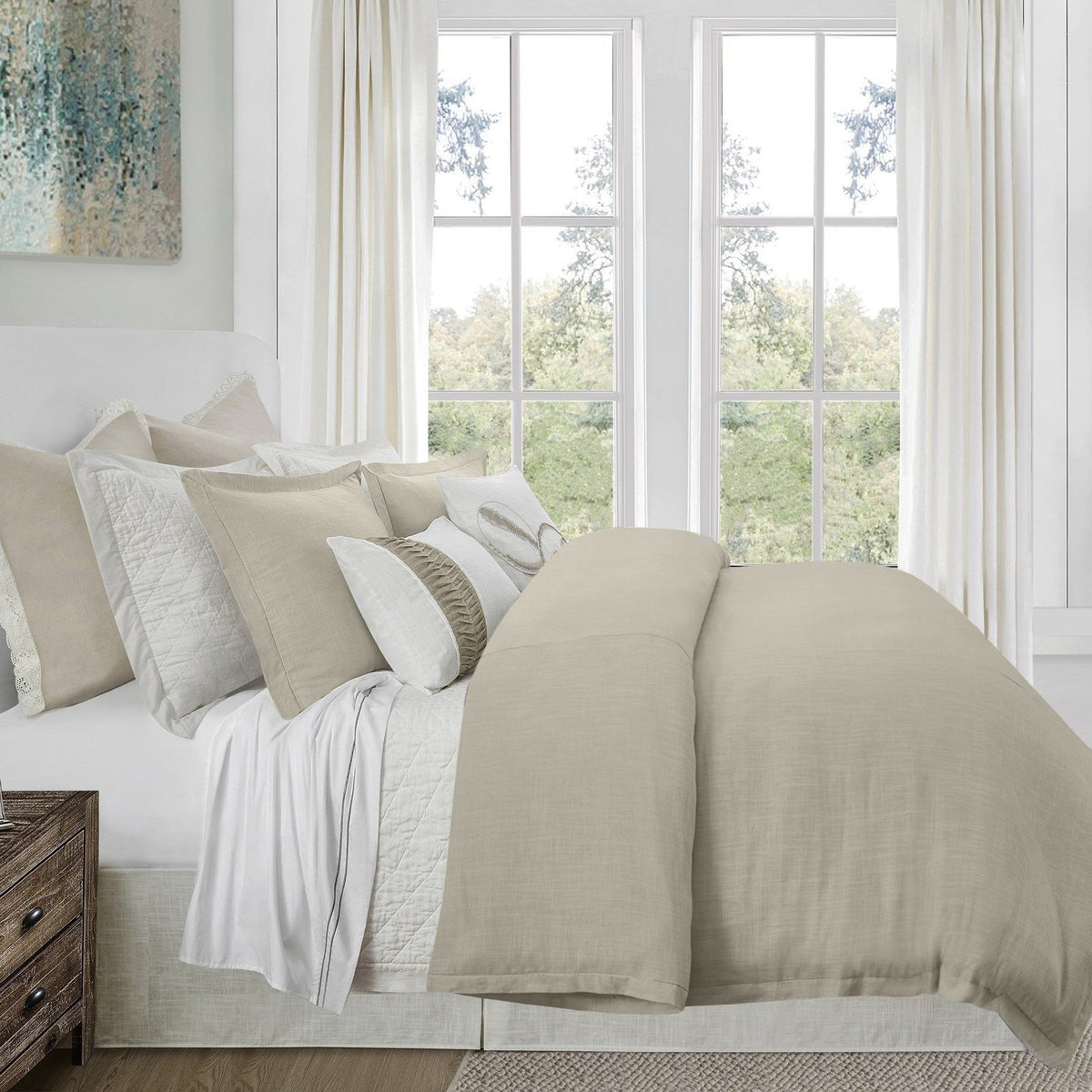 Hera Washed Linen Flange Duvet Cover, Twin, Light Tan, 1PC