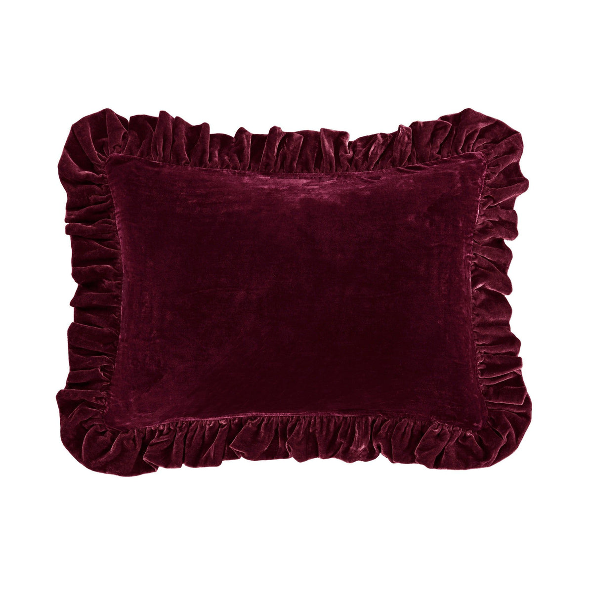 Stella Faux Silk Velvet Ruffled Oblong Pillow, 16" x 21", Garnet Red, 1PC
