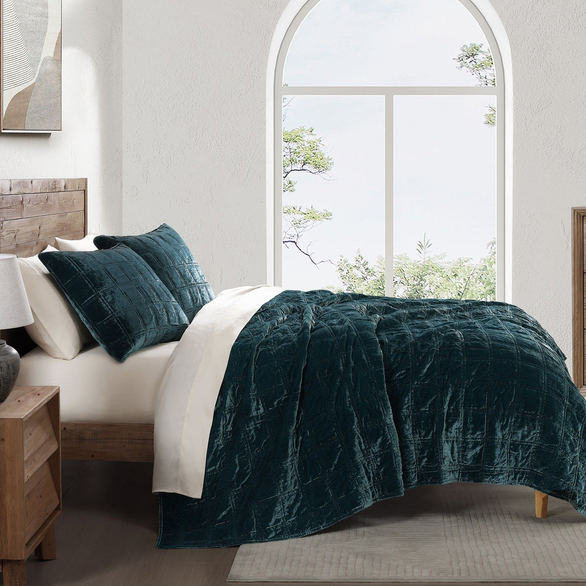Stella Faux Silk Double Box Stitch Quilt Set, Queen, Storm Blue, 3PC
