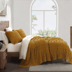 Stella Faux Silk Double Box Stitch Quilt Set, King, Saffron, 3PC