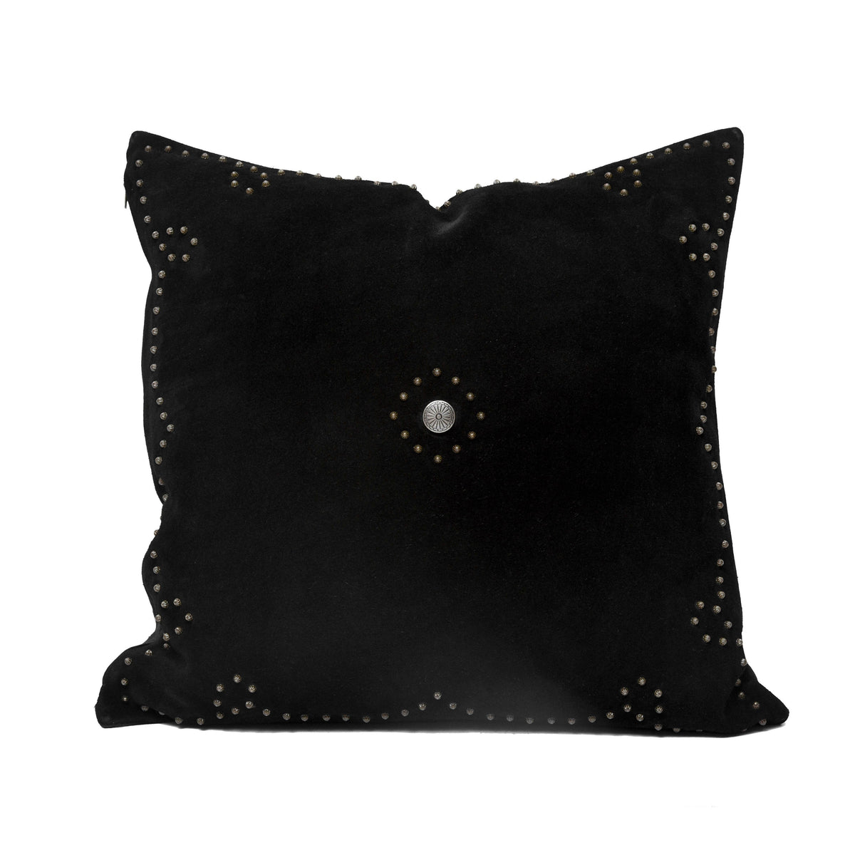 Western Suede Antique Silver Concho & Studded Pillow, 20" x 20", Black, 1PC