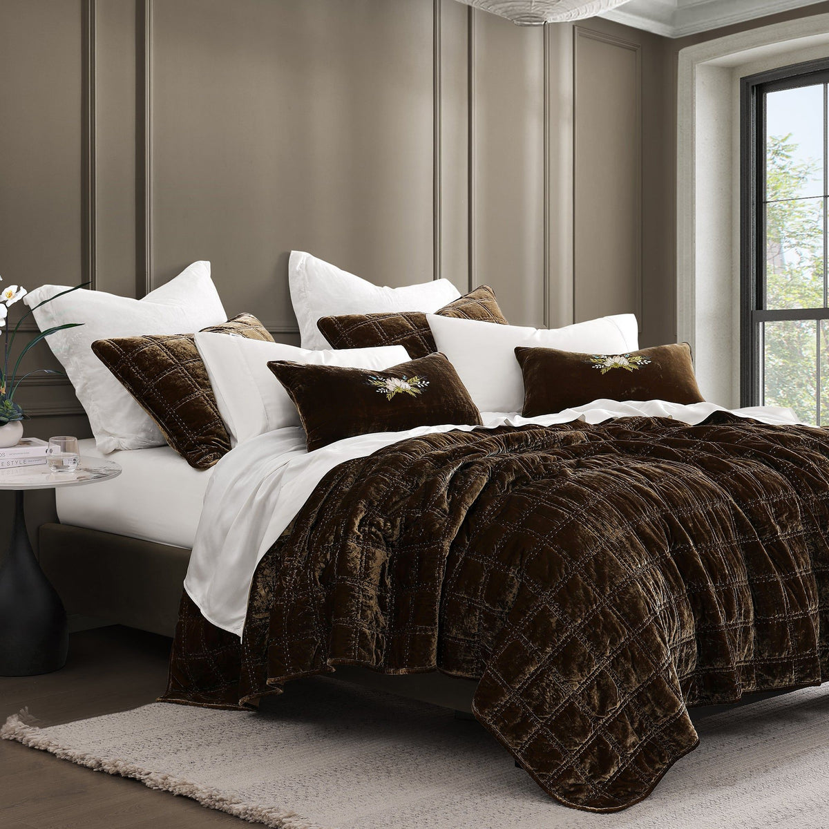Stella Faux Silk Double Box Stitch Quilt Set, King, Green Ochre, 3PC