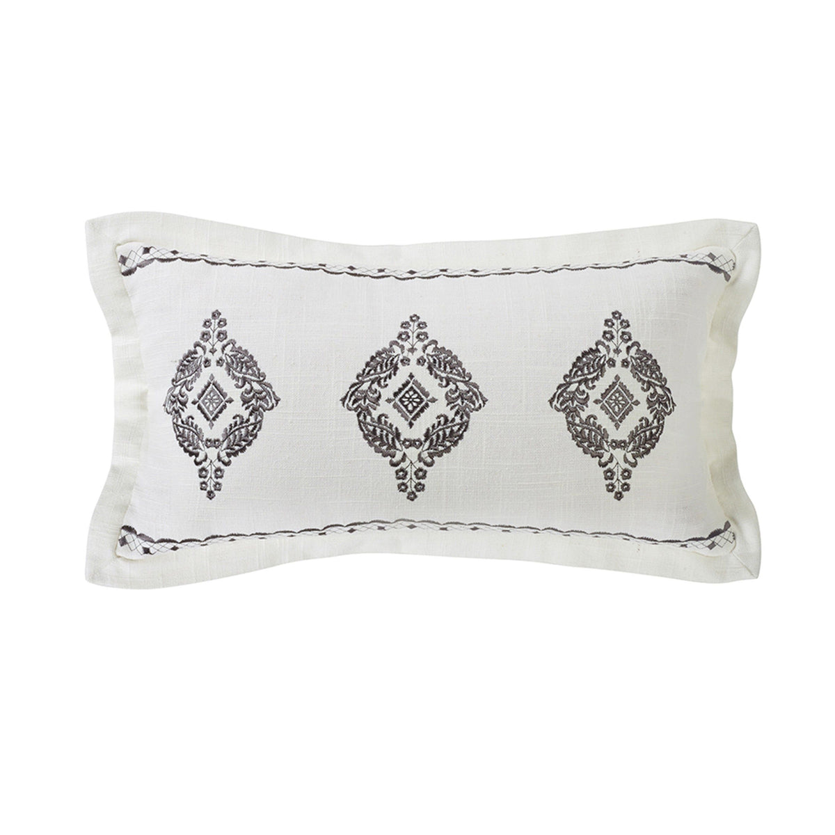 Charlotte Oblong Gray Flanged & Embroidered Lace Design Pillow, 10" x 18", 1PC
