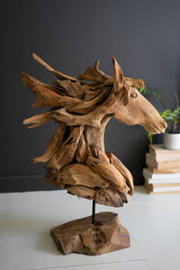Teak Wood Horse Head Sculpture w/ Base