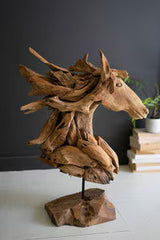 Teak Wood Horse Head Sculpture w/ Base
