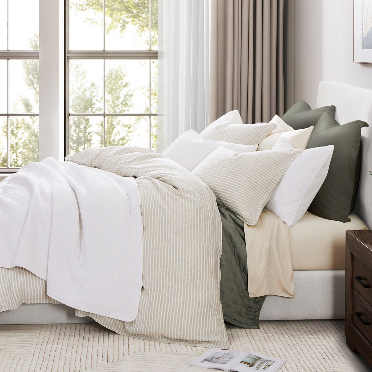 100% French Flax Linen Railroad Stripe Duvet Cover Set, Super King, Natural, 3PC