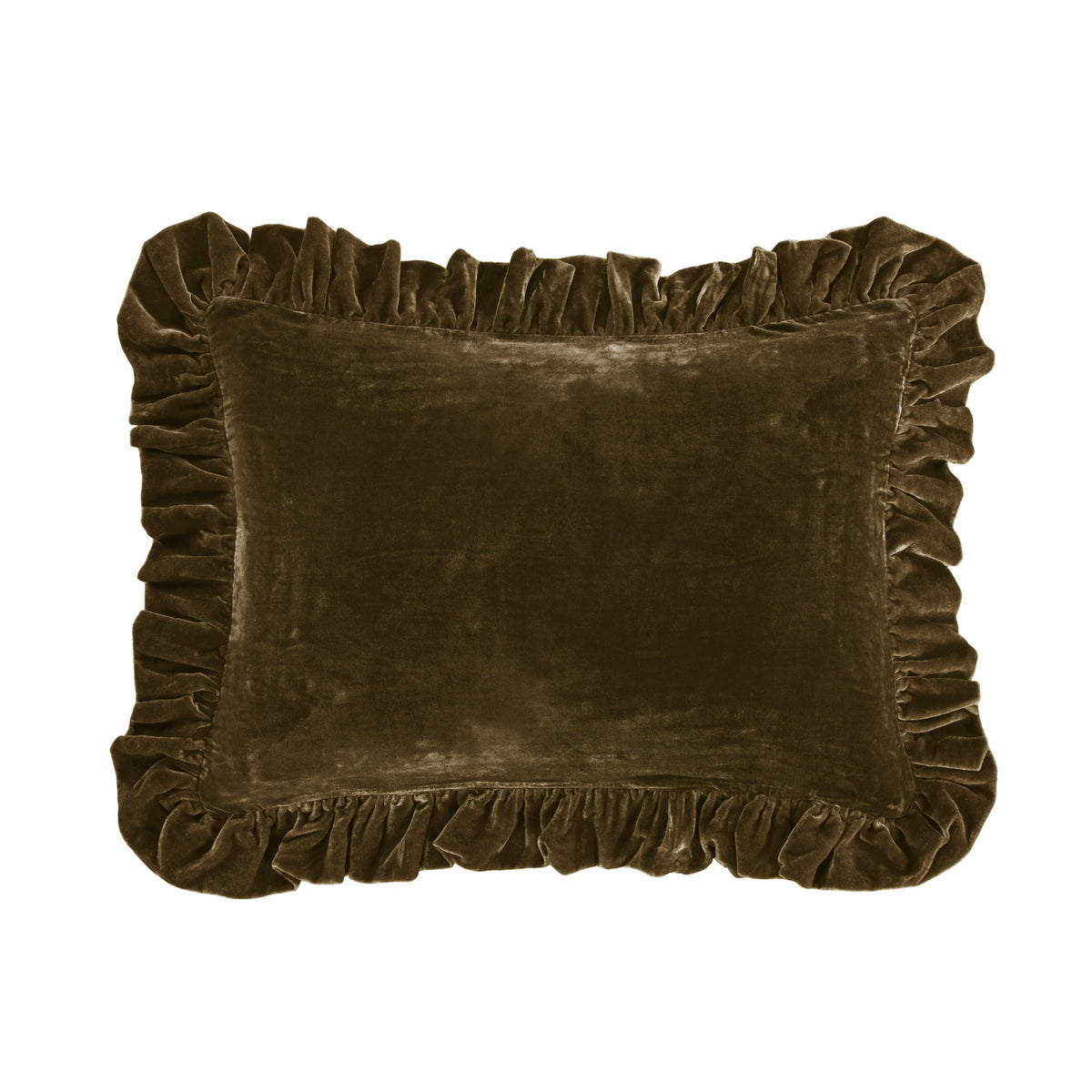 Stella Faux Silk Velvet Ruffled Oblong Pillow, 16" x 21", Green Ochre, 1PC