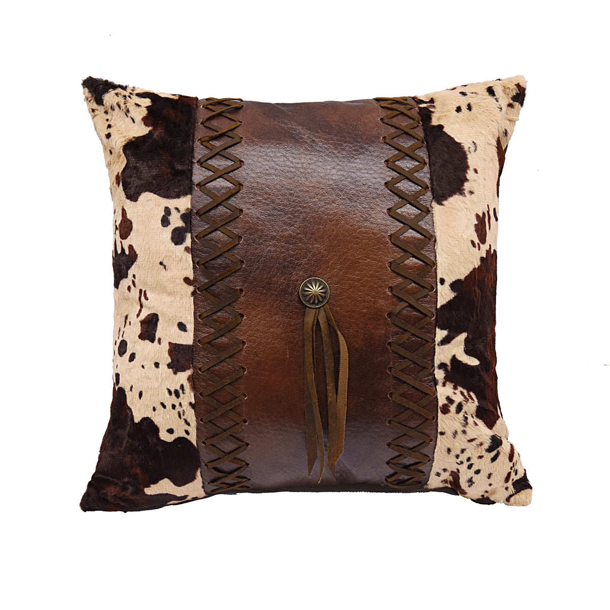 Cowhide & Concho Laced Faux leather Throw Pillow, 18" x 18", 1PC