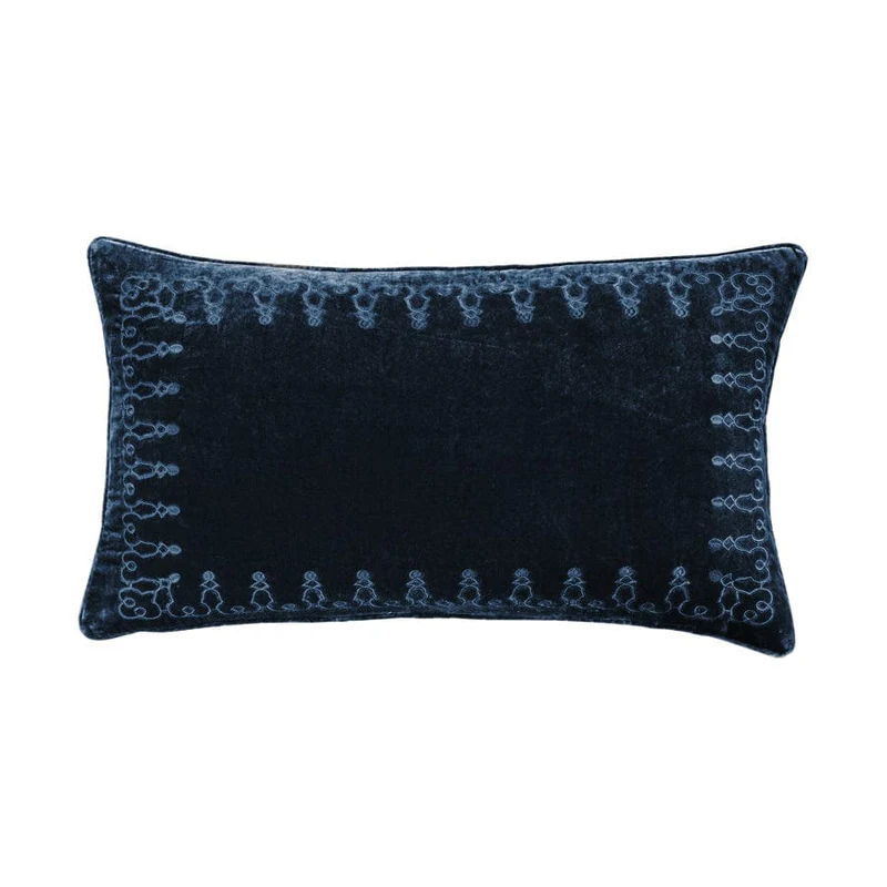 Stella Faux Silk Velvet Embroidered Lumbar Pillow, 14" x 24", Storm Blue, 1PC