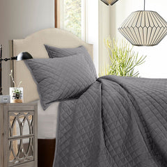 Velvet Diamond Quilt Set, King, Gray, 3PC