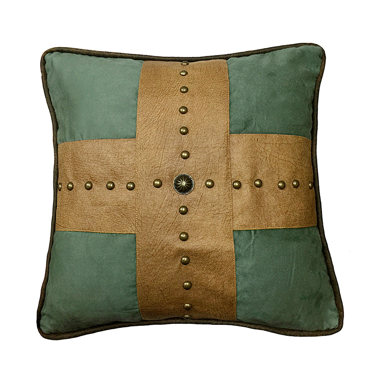 Las Cruces Gold Studded Cross Tan & Turquoise Throw Pillow, 18" x 18", 1PC