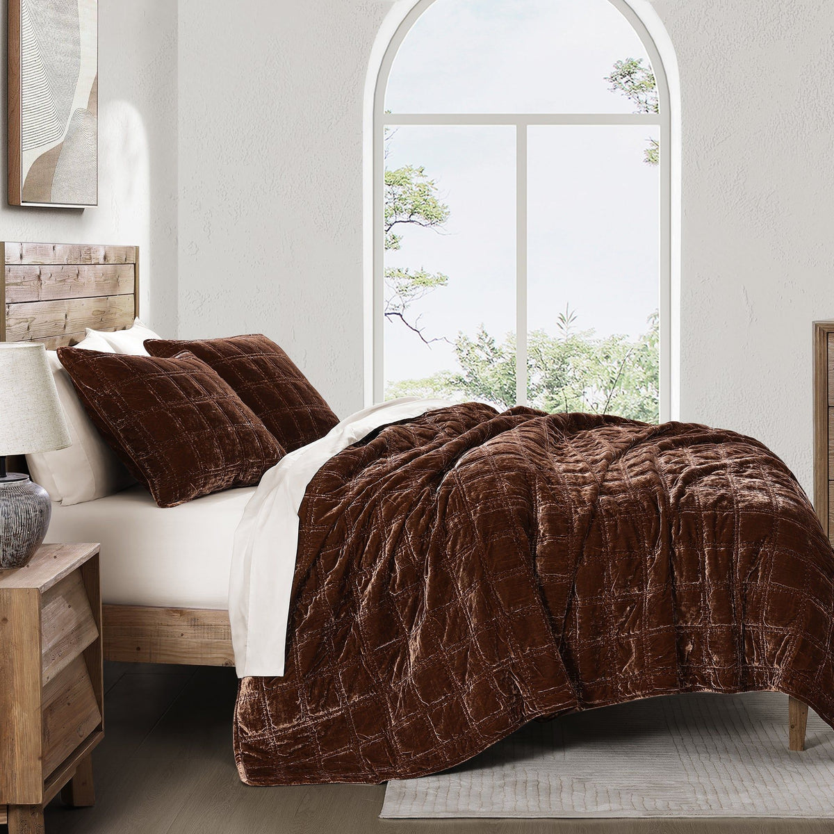 Stella Faux Silk Double Box Stitch Quilt Set, King, Copper Brown, 3PC