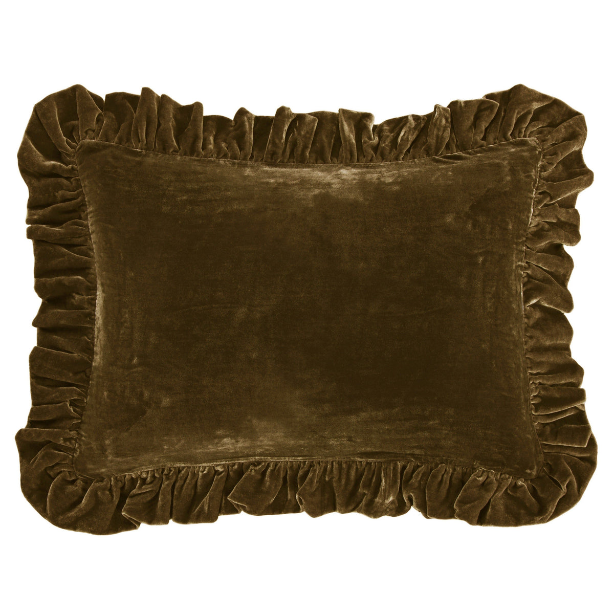 Stella Faux Silk Velvet Ruffled Dutch Euro Pillow, 27" x 39", Green Ochre, 1PC