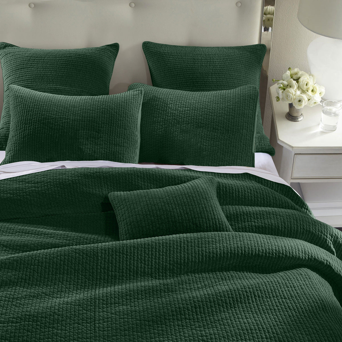 Stonewashed Cotton Velvet Quilt Set, King, Emerald, 3PC