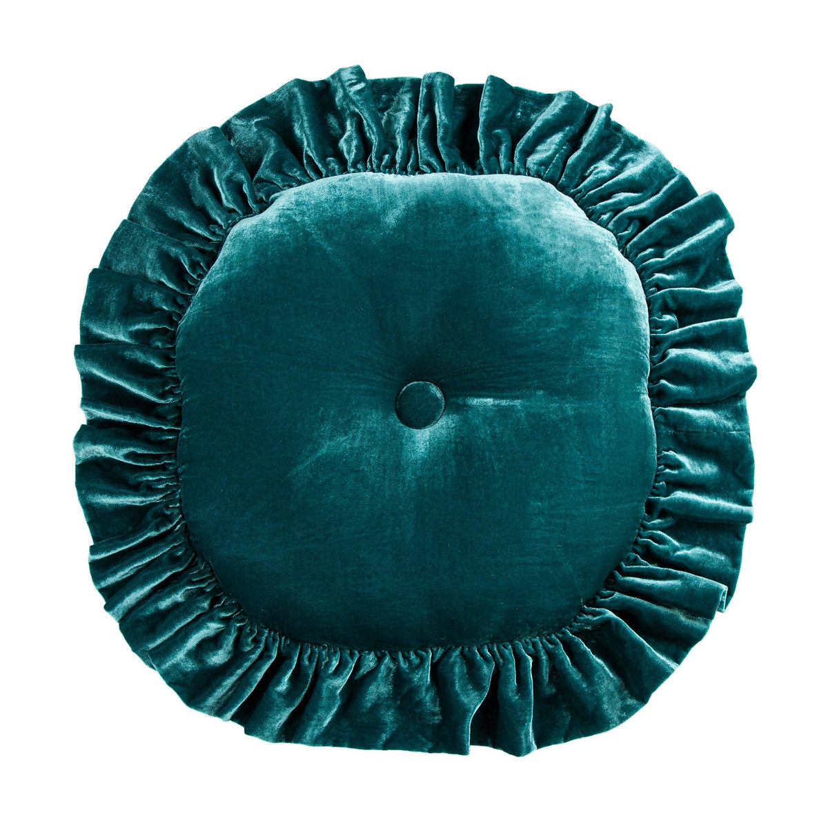 Stella Faux Silk Velvet Ruffled Round Pillow, 18", Teal, 1PC