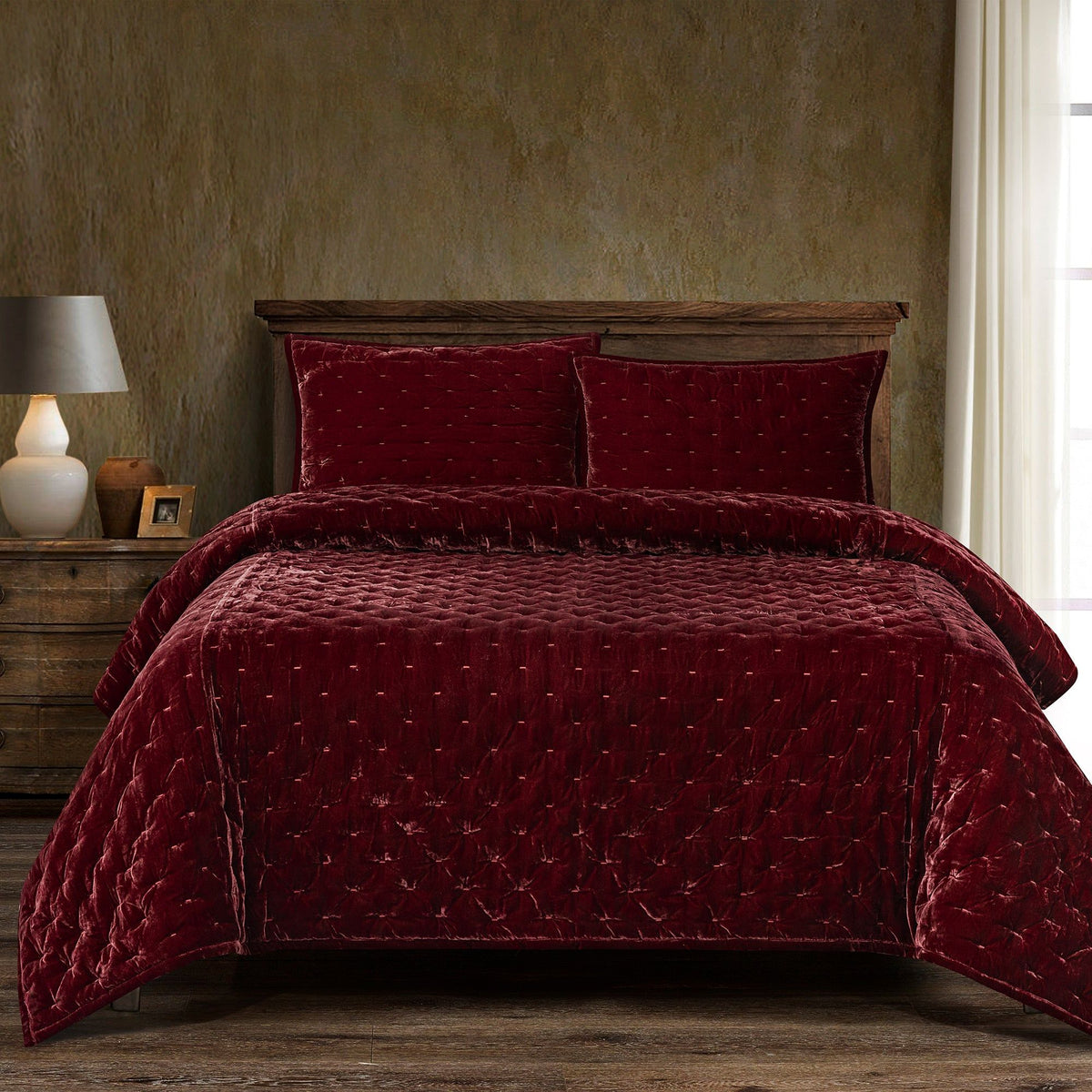 Stella Faux Silk Velvet Quilt, Twin, Garnet Red, 1PC