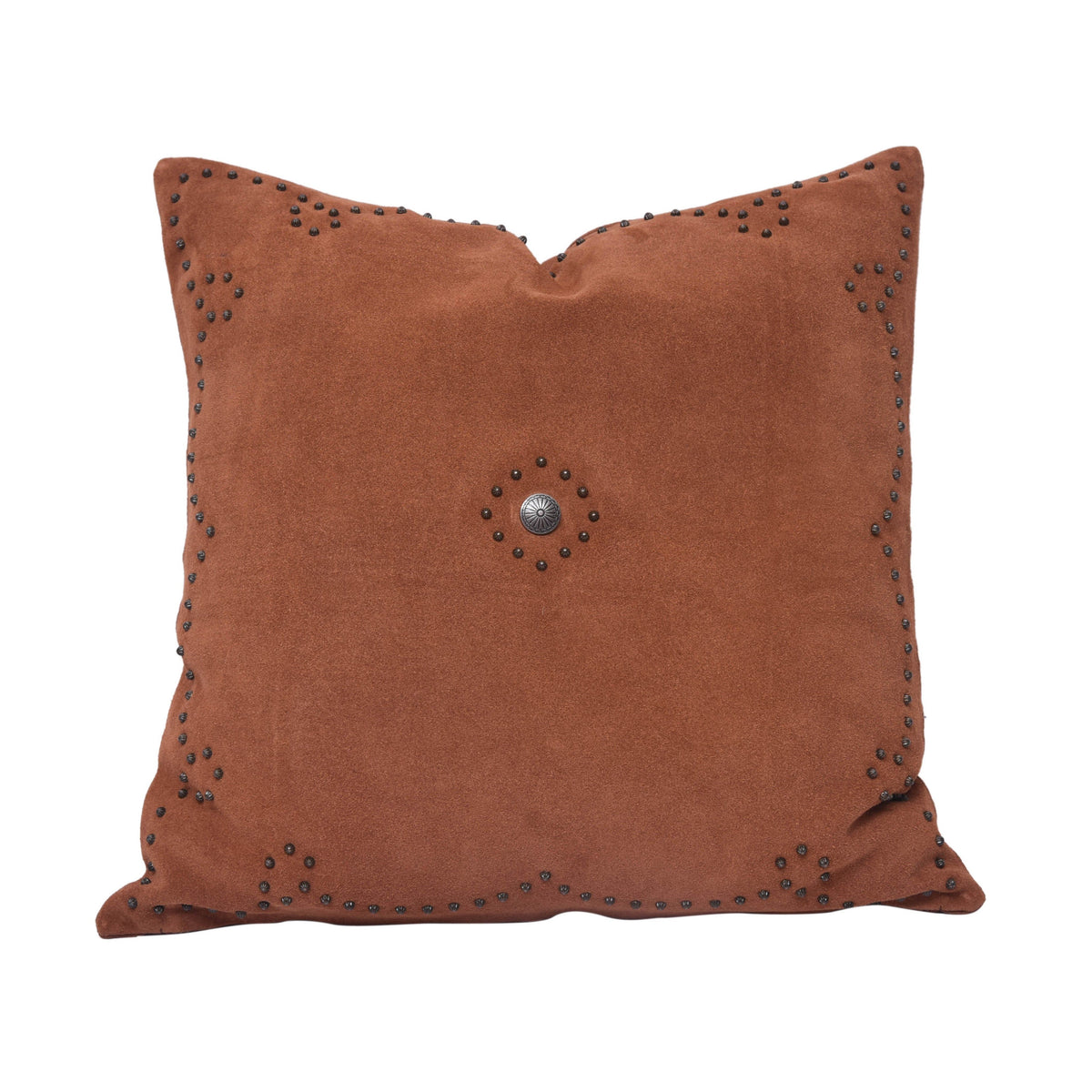 Western Suede Antique Silver Concho & Studded Pillow, 20" x 20", Tobacco, 1PC