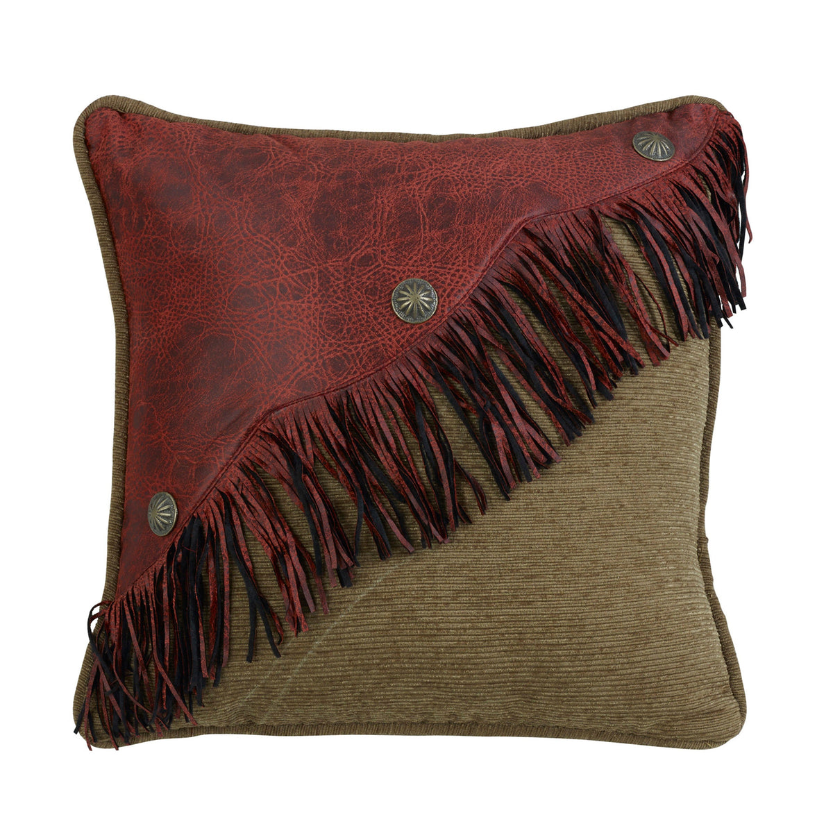 San Angelo Red Diagonal Faux Leather Design with Fringe & Concho Pillow, 18" x 18", 1PC