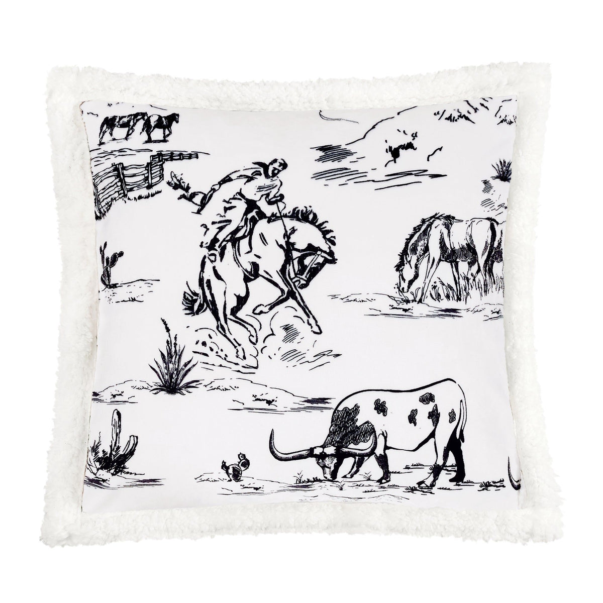 Ranch Life Western Toile Campfire Sherpa Pillow, 18" x 18", Black, 1PC, 6 MOQ