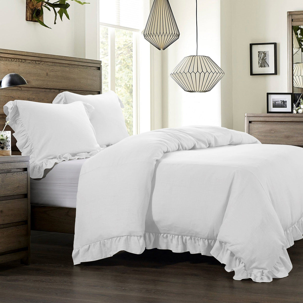 Lily Washed Linen Duvet Cover Set, Super Queen, White, 3PC