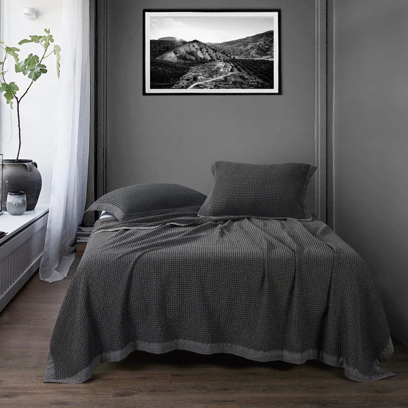 Stonewashed Cotton Waffle Weave Coverlet Set, Full/Queen, Dusty Blue, 3PC