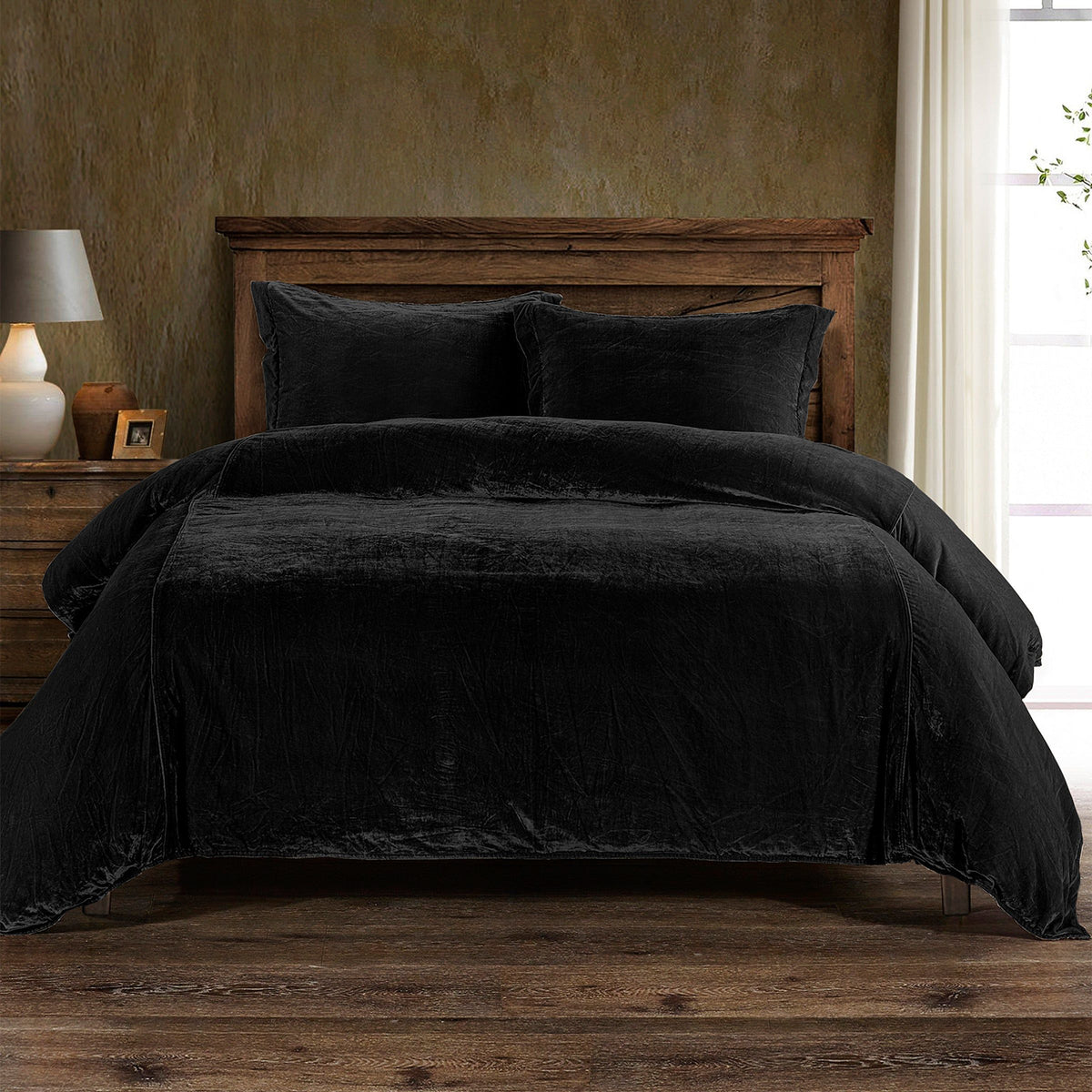 Stella Faux Silk Velvet Duvet Cover Set, Queen, Black, 3PC