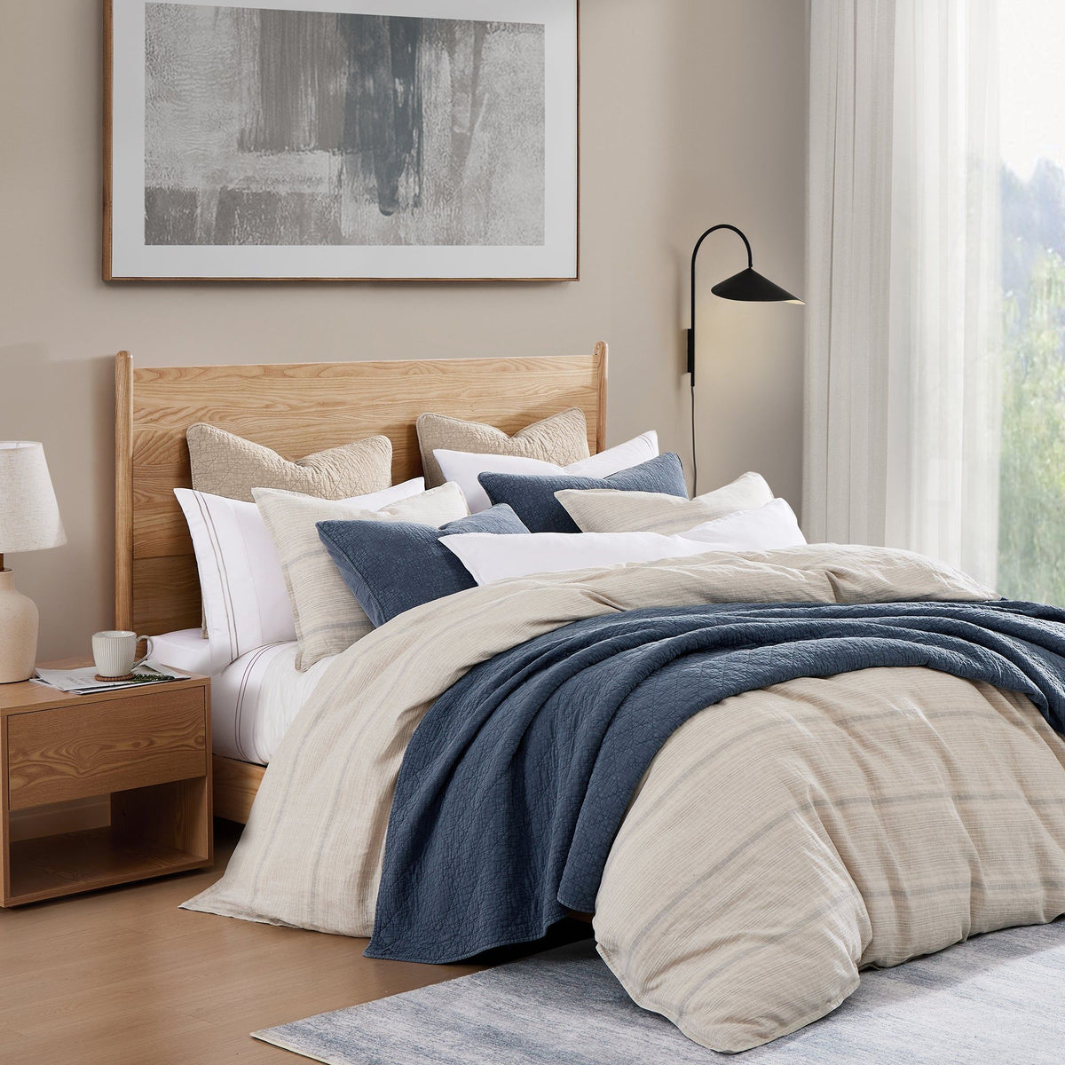 100% French Flax Linen Variegated Stripe Duvet Cover Set, Super Queen, Natural/Light Blue, 3PC
