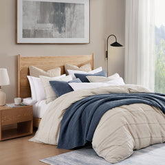 100% French Flax Linen Variegated Stripe Duvet Cover Set, Super Queen, Natural/Light Blue, 3PC