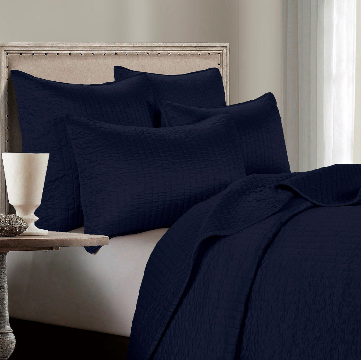 Satin Channel Quilt Set, King, Blue, 3PC