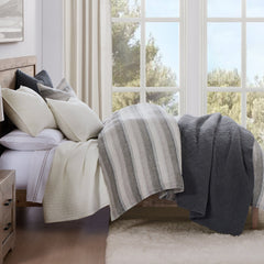 100% French Flax Linen Variegated Stripe Duvet Cover Set, Super King, Charcoal, 3PC
