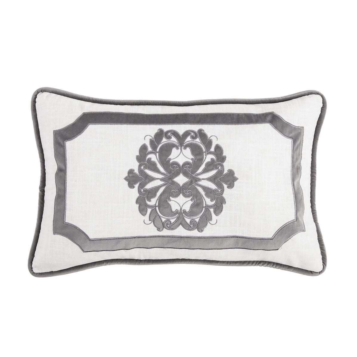 Madison Velvet Embroidered White Oblong Pillow, 16" x 26", Gray, 1PC