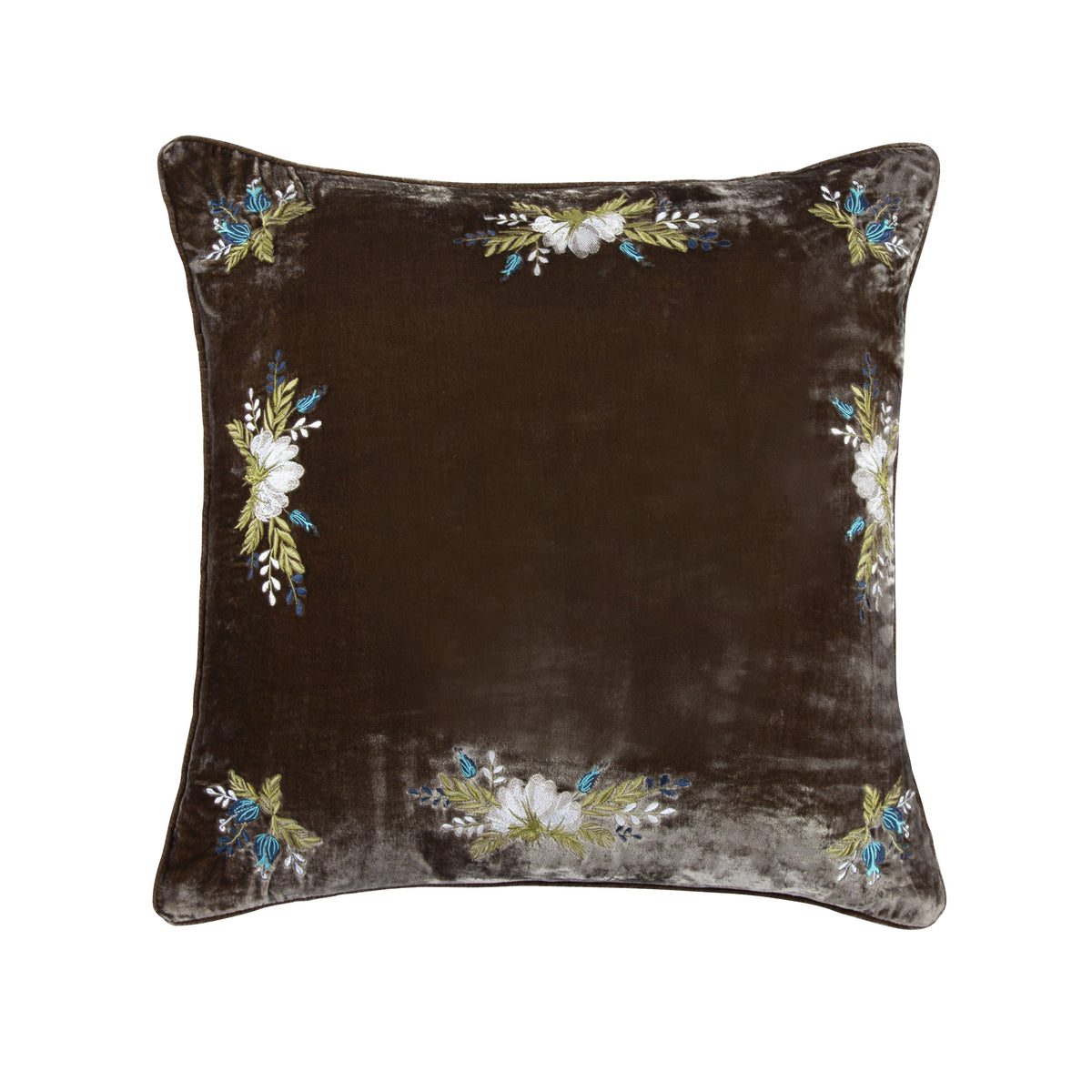 Stella Western Floral Embroidered Faux Silk Velvet Pillow, 22" x 22", Green Ochre, 1PC