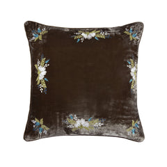 Stella Western Floral Embroidered Faux Silk Velvet Pillow, 22" x 22", Green Ochre, 1PC