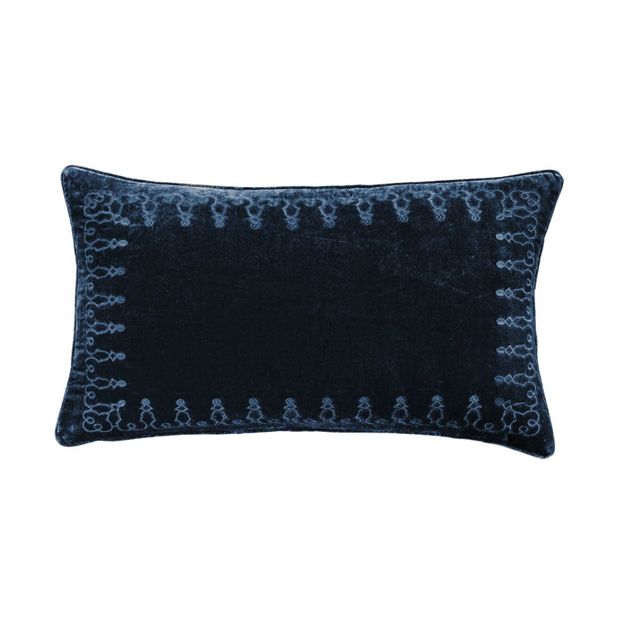 Stella Faux Silk Velvet Embroidered Lumbar Pillow, 14" x 24", Midnight Blue, 1PC