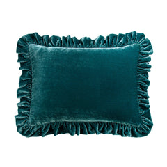 Stella Faux Silk Velvet Ruffled Oblong Pillow, 16" x 21", Teal, 1PC