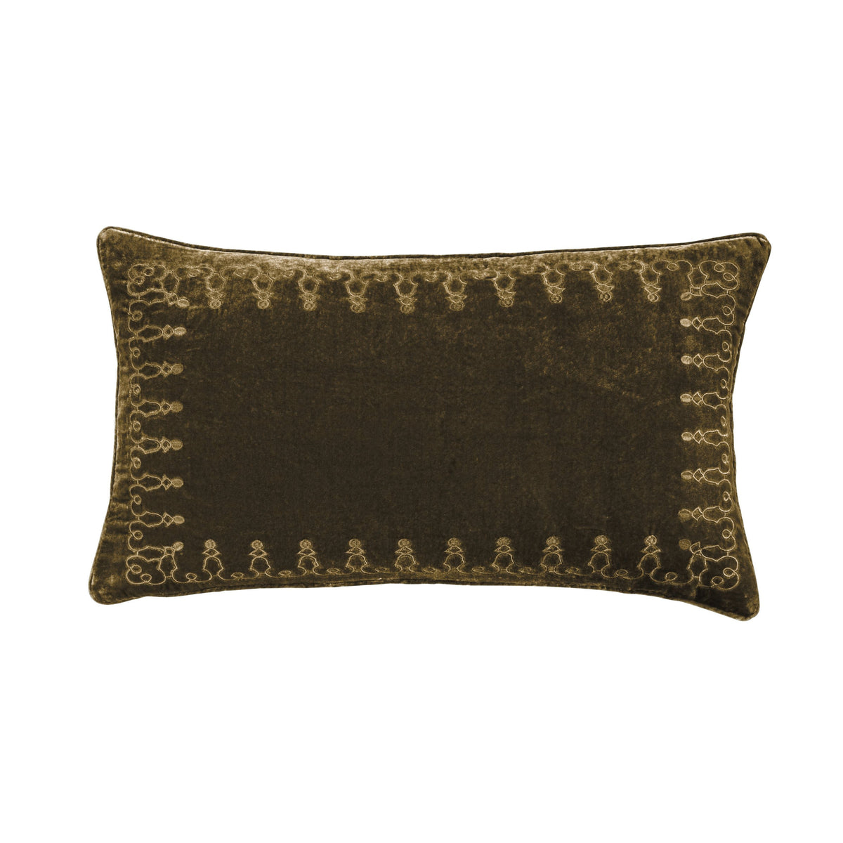 Stella Faux Silk Velvet Embroidered Lumbar Pillow, 14" x 24", Green Ochre, 1PC